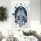 Lunarable Moon Phases Tapestry, Spaceman Silhouette Sitting in Lotus Pose Yoga Zodiac Harmony, Wall Hanging for Bedroom Living Room Dorm Decor, 60" X 80", Blue White