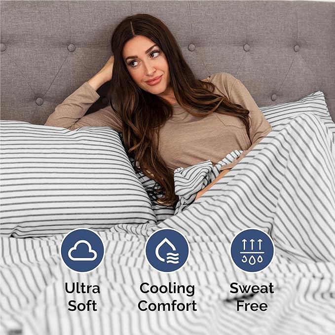 Full 6 Piece Sheet Set - Comfy Breathable & Cooling - Soft Hotel Luxury Bedding Set with 8-16 Inch Deep Pockets - 1 Flat & 1 Fitted Sheet & 4 Pillowcases - Wrinkle Free & Easy Care - Grey Stripes 2