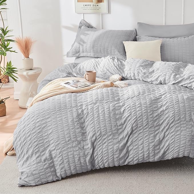 HYMOKEGE Light Grey King Size Comforter Set Seersucker 7 Pieces, All Season Luxury Bed in a Bag for Bedroom, Bedding Set with Comforters, Sheets, Pillowcases & Shams