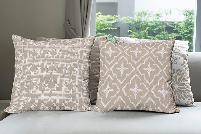 Ambesonne Vintage Throw Pillow Cushion Case Pack of 4, Monochrome Design Grid Trellis Quatrefoil Mesh and Dahlia Flowers Modern Print, Modern Accent Double-Sided Digital Printing, 20", Tan and White
