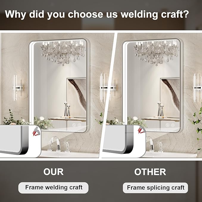 28x36 Inch LED Mirror for Bathroom,Brushed Sliver Metal Frame Lighted Vanity Mirror, Anti Fog Stepless Dimmable,Wall Mounted(Horizontal/Vertical)
