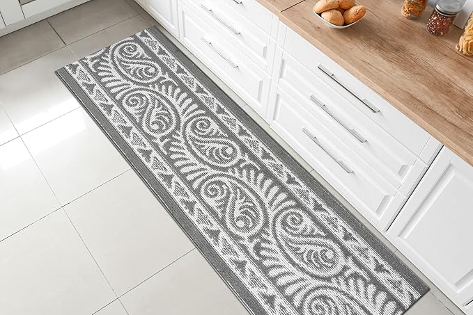 Custom Length Cut to Size Tribal Ethnic Southwestern Inspired Hallway Runner Rug, Non Slip Rubber Backed, 31 inch Wide X Customized Length, Mayan Grey, 31 inch X 15 feet