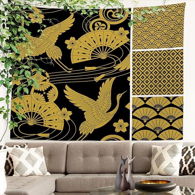 Batmerry Flower Vintage Tapestry, Oriental Japanese Pattern Ornaments Traditional Motives Kimono Wall Hanging Polyester Fiber White Ruffled Around For Dorm Room Bedroom Living Room, 30 X 40 Inches