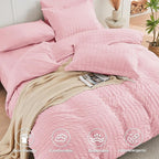 HYMOKEGE Pink Twin Comforter Set Seersucker 5 Pieces, All Season Luxury Bed in a Bag for Bedroom, Bedding Set with Comforters, Sheets, Pillowcase & Sham