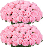 Ouddy Decor 50 Pcs Artificial Pink Roses Bulk Realistic Silk Roses with Long Stems Fake Roses Flowers for Wedding Bridal Bouquet DIY Table Centerpieces Arrangement Valentines Day Home Decor, Pink