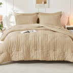 HYMOKEGE Khaki Full Size Comforter Sets Seersucker 7 Pieces, All Season Luxury Bed in a Bag for Bedroom, Bedding Set with Comforter, Sheets, Pillowcases & Shams