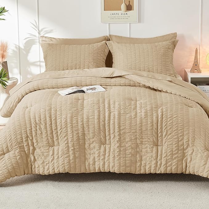 HYMOKEGE Khaki Full Size Comforter Sets Seersucker 7 Pieces, All Season Luxury Bed in a Bag for Bedroom, Bedding Set with Comforter, Sheets, Pillowcases & Shams