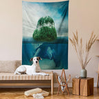 Ambesonne Underwater Tapestry, Giant Turtle Carrying Island on Its Back Swimming Under Ocean Print, Wall Hanging for Bedroom Living Room Dorm Decor, 40" X 60", Green Blue