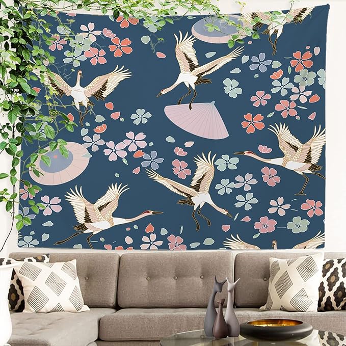 Batmerry Navy Blue Japanese Cherry Tapestry, Oriental Wall Art Hanging Decoration Polyester Fiber White Ruffled Around for Dorm Room Bedroom Living Room, 59.1x82.7 inches