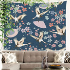 Batmerry Navy Blue Japanese Cherry Tapestry, Oriental Wall Art Hanging Decoration Polyester Fiber White Ruffled Around for Dorm Room Bedroom Living Room, 59.1x82.7 inches