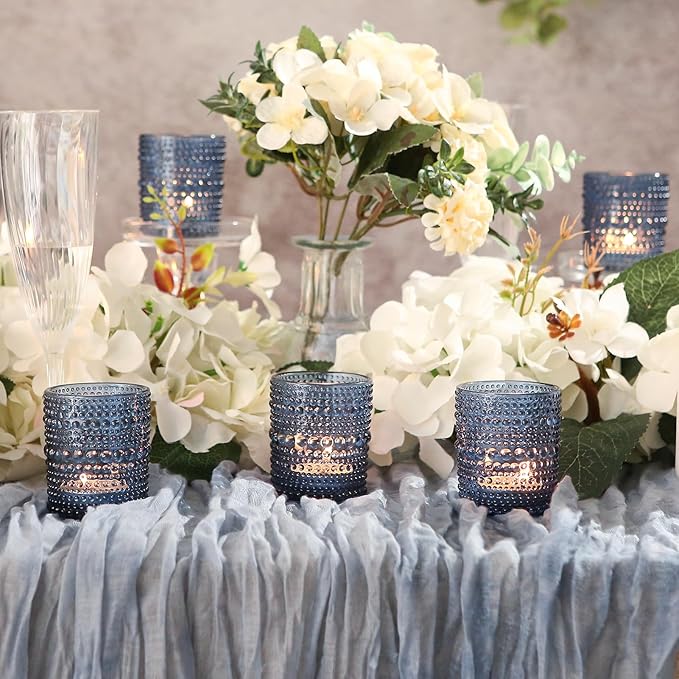 12 Pack Blue Votive Candles Holders - 2x2.5in Vintage Glass Votives Tealight Candle Holders for Table Centerpieces, Tea Light Candle Holder Decor for Wedding Bridal Shower Party