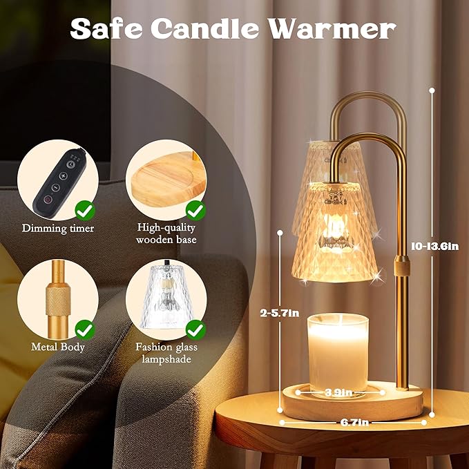 Candle Warmer Lamp with Timer - Adjustable Height, Electric Wax Melter in Gold for Cozy Aesthetic Home Decor, Gift for Women, Sister, Friend, Birthday, Housewarming