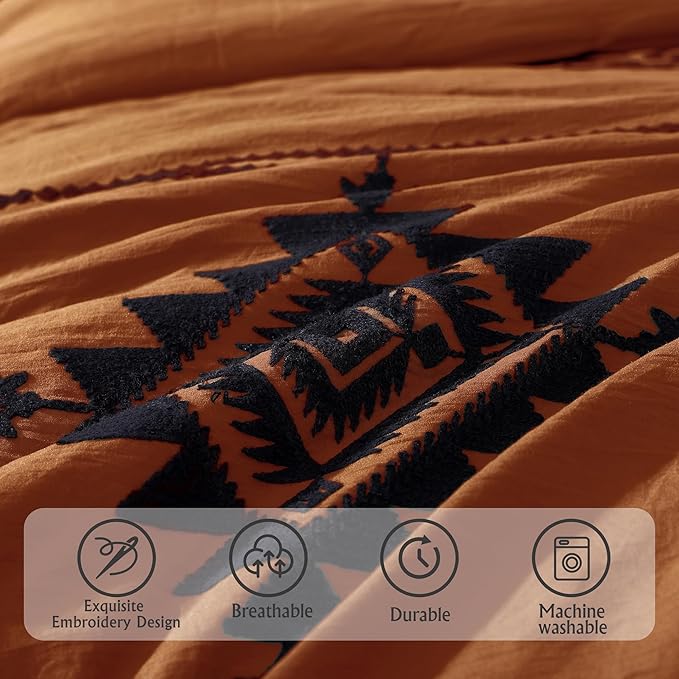 MaiRêve Oversized Queen Comforter Set Burnt Orange, Embroidery Western Bedding Set Boho 7 Pieces, Farmhouse All Season Bed in A Bag with Sheets, Pillowcases & Shams