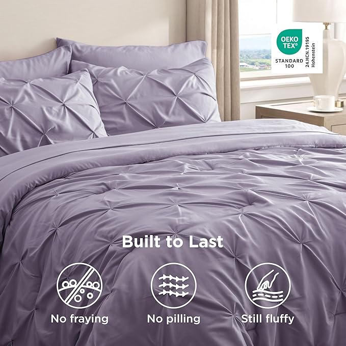 Bedsure Full Comforter Set Grayish Purple - Bed in a Bag Full Size Bedding Set 7 Pieces, GentleSoft™ Pintuck Bed Set Gift for Family, Pinch Pleat All Season Comforter with Sheets, Pillowcases & Shams