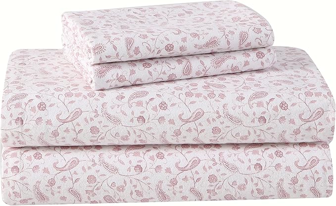 Laura Ashley - Flannel Sheets King Size, Anti-Pilling & Wrinkle Resistant Cotton, Touchably Soft for All-Season Comfort - Bed Sheets with Matching Pillowcases & Fitted Sheet (Paisley Prance Pink)