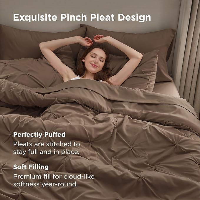 Bedsure Full Comforter Set Brown - Bed in a Bag Full Size Bedding Set 7 Pieces, GentleSoft™ Pintuck Bed Set Gift for Family, Pinch Pleat All Season Comforter with Sheets, Pillowcases & Shams