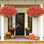 Geegoods Artificial Hanging Baskets for Outdoors Decoration, 24 Pcs Artficial Outdoor Flowers with Hanging Baskets UV Resistant Look Real Orange Mums for Autumn Porch Patio Balcony Yard Home Decor