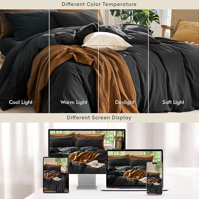 MooMee Bedding Duvet Cover Set 100% Washed Cotton Linen Like Textured Breathable Durable Soft Comfy (Solid Black, Super King 108"x98")