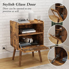 Mid Century Modern Nightstand with Charging Station, Bedside Tables with Glass Door, End Table Side Table with 2 Tiers Storage Space, for Bedroom, Living Room, Brown