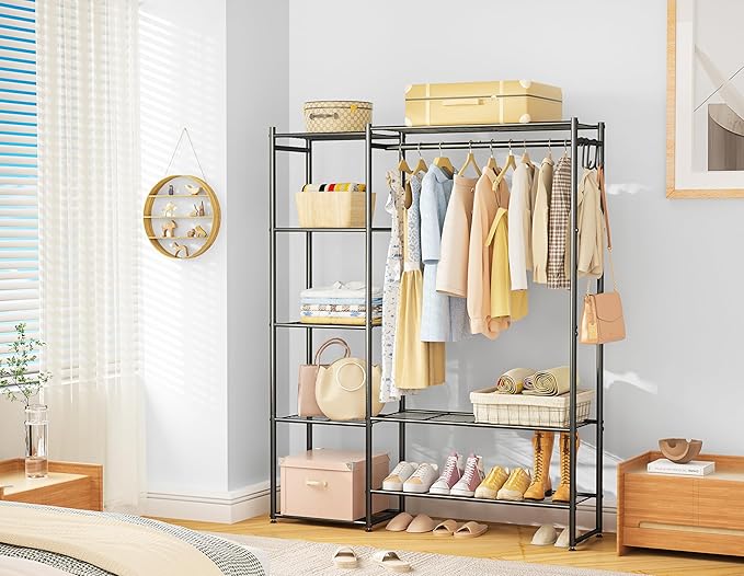 Wardrobe Closet, Portable Clothing Rack for Hanging Clothes, Free Standing Closet Organizers and Storage System with 4 Tiers Shelves for Cloakroom Bedroom, Black