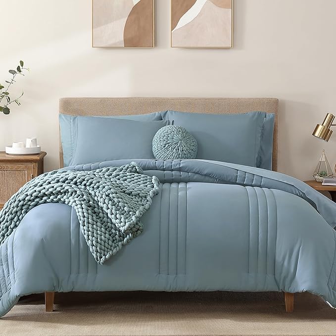 Monbix Full Comforter Set - 7 Pieces Dusty Blue Bed in a Bag Full Size Bedding Sets with Comforters, All Seasons Down Alternative Comforter with Sheets,Pillowcases & Shams