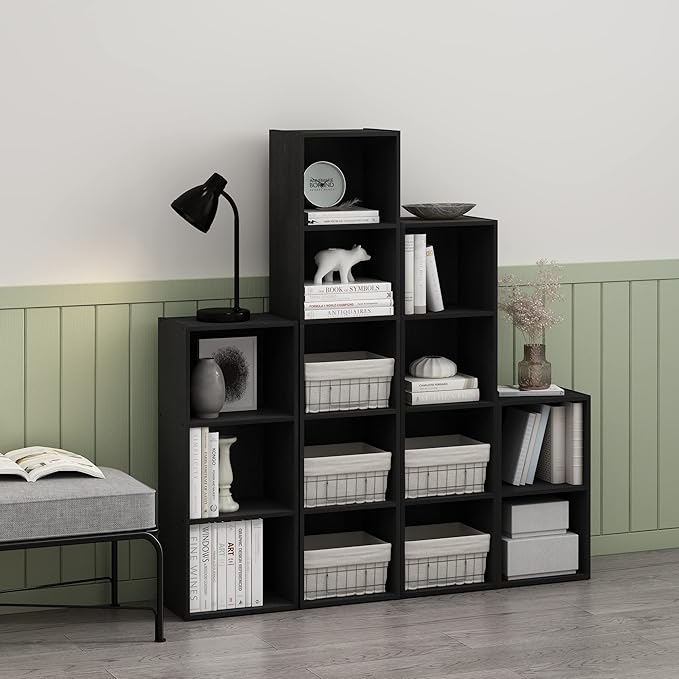 Furinno PASIR Book Shelf, 4-Tier Modern Bookshelf, Open Shelves Bookcase 9" x 12" x 42", for Living Room, Bedroom, Home Office, Blackwood