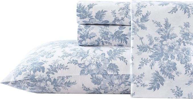Laura Ashley - Flannel Sheets King Size, Anti-Pilling & Wrinkle Resistant Cotton, Touchably Soft for All-Season Comfort - Bed Sheets with Matching Pillowcases & Fitted Sheet (Vanessa Blue)