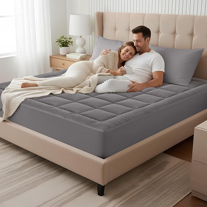 OLANLY California King Quilted Fitted Mattress Pad – Soft Down Alternative Pillow Top Mattress Topper, Cooling Breathable Mattress Cover, Machine Washable Deep Pocket Mattress Protector, Dark Grey