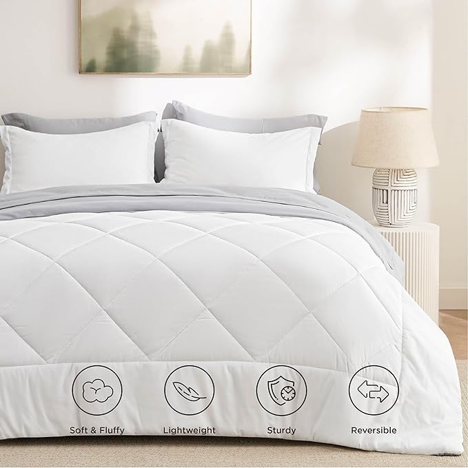 Bedsure Queen Comforter Set - 7 Pieces Reversible White and Grey Bedding, Queen Bed Set for All Seasons, Bed in a Bag with Down Alternative Comforter, Grey Sheets, Pillowcases & Shams