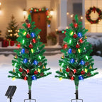 Lewondr Set of 2 Prelit Pathway Christmas Trees, 47.24" Outdoor Xmas Tree with 50 LED Strawberry Lights, Pine Cones Red Green Fruits, Solar and Type-C Powered Xmas Decor with Small Bells for Yard Home