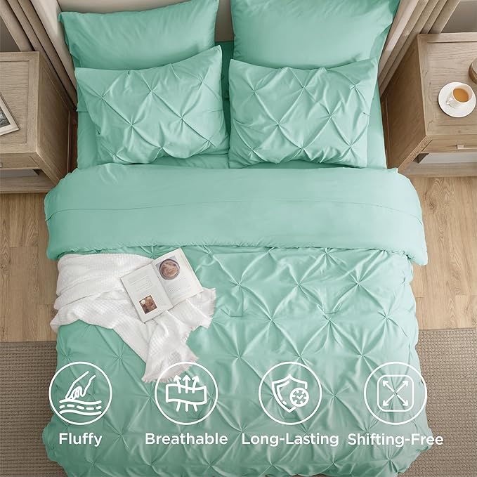 Bedsure Full Comforter Set Mint Green - Bed in a Bag Full Size Bedding Set 7 Pieces, GentleSoft™ Pintuck Bed Set Gift for Family, Pinch Pleat All Season Comforter with Sheets, Pillowcases & Shams