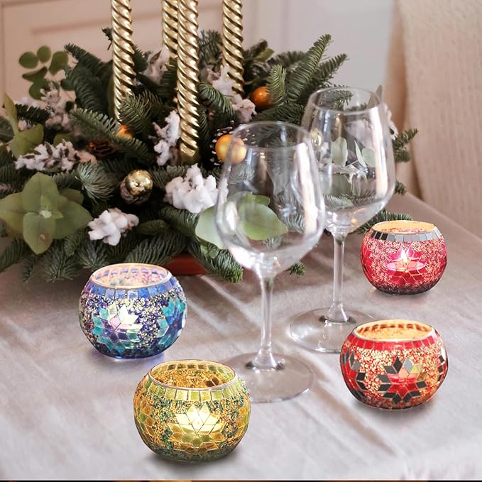 SHMILMH Votive Candle Holder Set of 4, Diwali Decoration for Home, Handmade Mosaic Glass Tealight Candle Holders for Table Centerpiece Decor,Diwali Thanksgiving