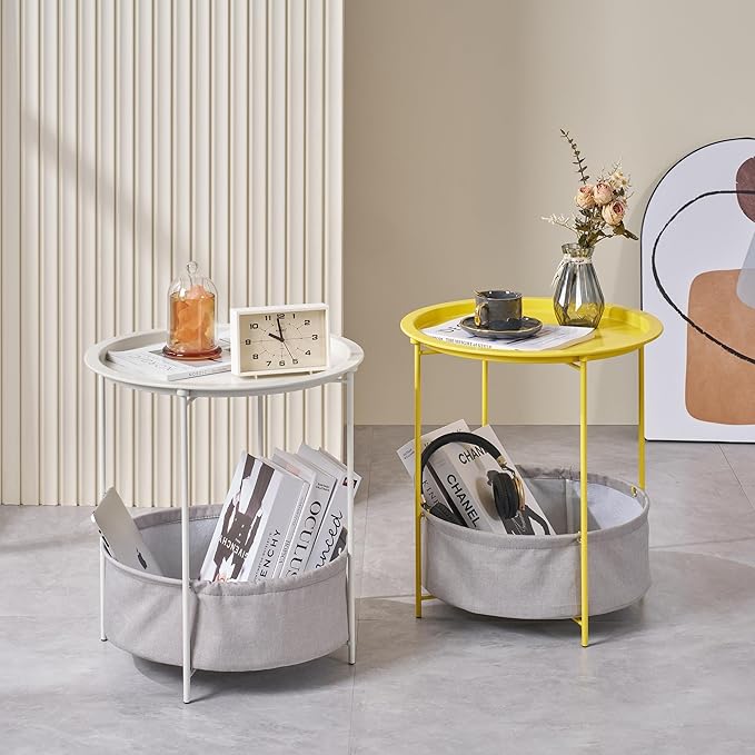 VECELO Round Side/End Table with Fabric Storage Basket，Metal Anti-Rust and Waterproof Small Bedside Nightstand with Removable Tray Top for Living Room，Balcony & Laundry，Yellow /2pcs with Basket