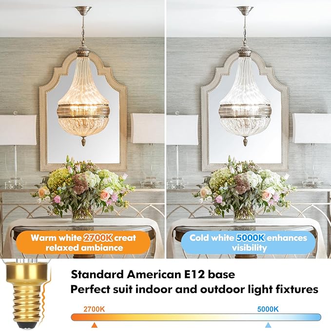 E12 Candelabra LED Light Bulbs, Dimmable 40 Watt Equivalent 5000K Bright Daylight White Candle Bulbs, 4W 460 LM Decorative CA10 Filament Chandelier Lamp Base for Bedroom Living Room Office, 12-Pack