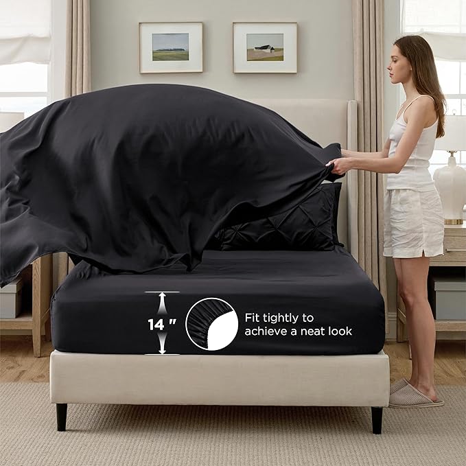 Bedsure California King Comforter Set Black - Bed in a Bag Cal King Bedding Set 7 Pieces, GentleSoft™ Pintuck Bed Set Gift for Family, Pinch Pleat Black Comforter with Sheets, Pillowcases & Shams