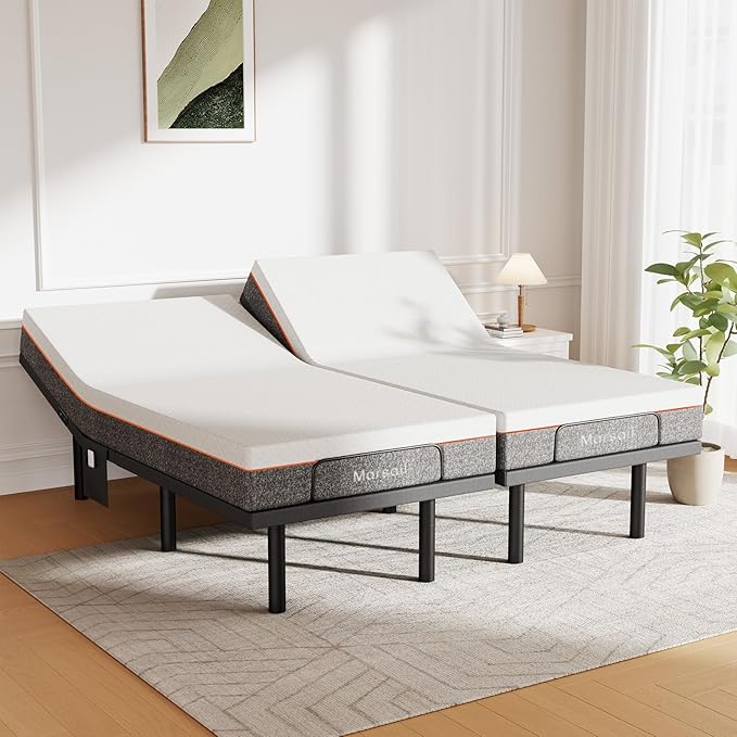 Marsail MS01 Split King Adjustable Bed Frame + 10-inch Gel Memory Foam Mattress, Adjustable Bed Base with Under-Bed Nightlight, Wireless Remote Control Adjustable Bed with 4 Height Options, Split King
