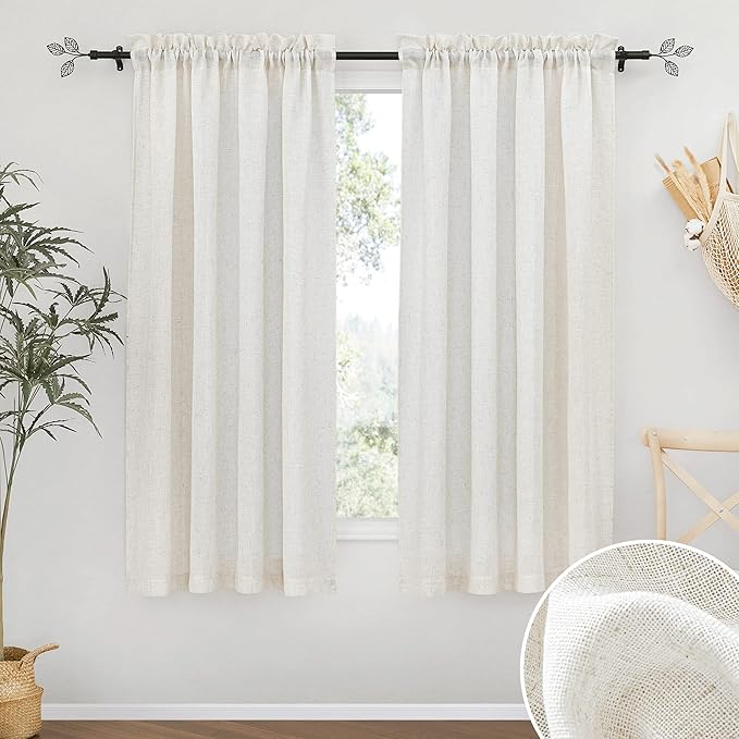 RYB HOME Thick Linen Curtains 63 inch Length for Dining Room Doorway, Light Filtering Soft Textured Privacy Machine Washable Boho Farmhouse Window Treatments, W 42 x L 63 inches, Linen, 2 Panels