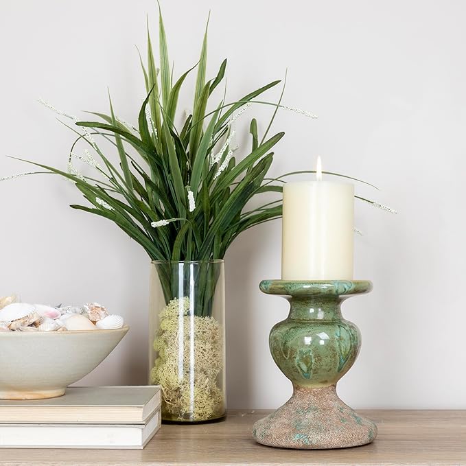 Creative Co-Op 2-Tone Sculptural Terracotta Pillar Candle Holder, Distressed Green