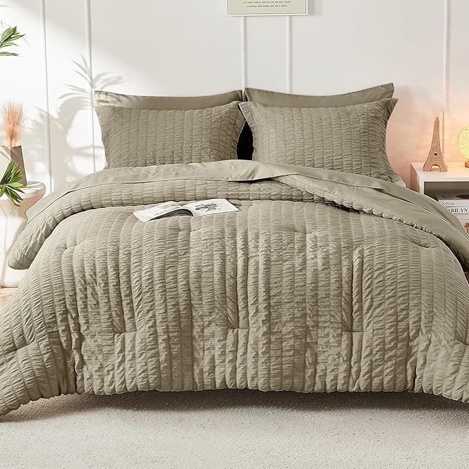 HYMOKEGE Linen Twin Comforter Set Seersucker 5 Pieces, All Season Luxury Bed in a Bag for Bedroom, Bedding Set with Comforter, Sheets, Pillowcase & Sham