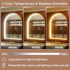 20x30 Inch Arched LED Bathroom Mirror with Lights, Adjustable 3000K/4500K/6000K, Wall Mounted Gold Frame Lighted Bathroom Vanity Mirror, Anti-Fog, Dimmable, Memory Function