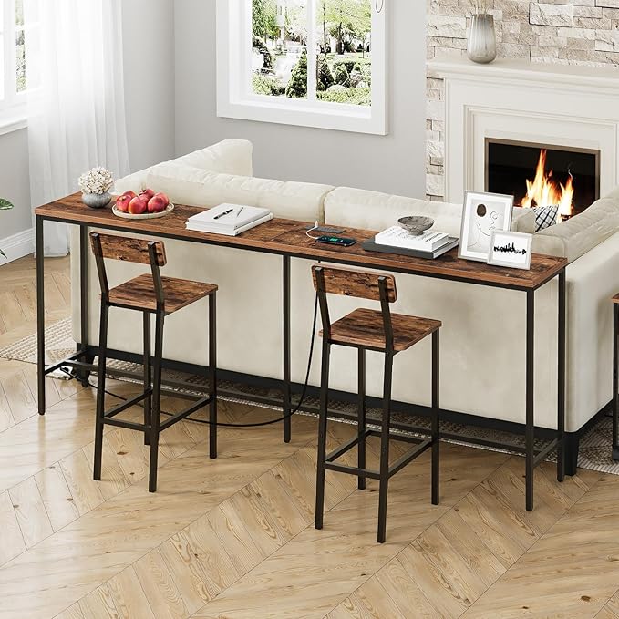 78.7" Console Table with Power Outlet, 11.8" Wide Narrow Sofa Table, Industrial Entryway Table with USB Ports, Behind Couch for Entryway, Hallway, Foyer, Living Room, Rustic Brown CTHR320E01
