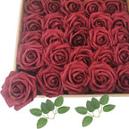 Artificial Flowers 25pcs Fake Roses, Burgundy Foam Rose Faux Flower for DIY Wedding Bouquets Bridal Shower Centerpieces Floral Arrangements Home Decorations Party Backdrops Table