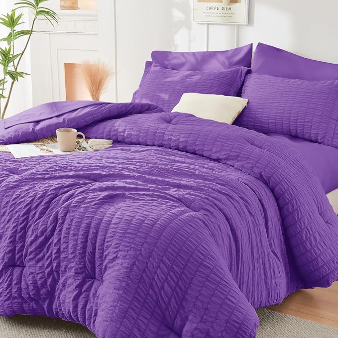 HYMOKEGE Dark Purple Twin Comforter Set Seersucker 5 Pieces, All Season Luxury Bed in a Bag for Bedroom, Bedding Set with Comforter, Sheets, Pillowcase & Sham
