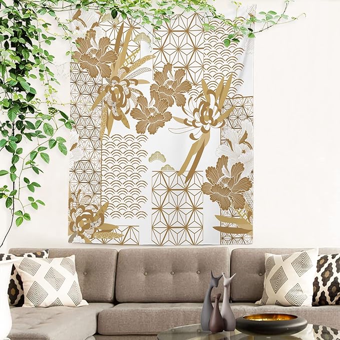 Batmerry Gold Japanese Floral Tapestry,Spring Wall Art Hanging Decoration Polyester Fiber White Ruffled Around for Dorm Room Bedroom Living Room, 59.1x39.4 inches