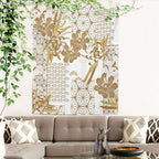 Batmerry Gold Japanese Floral Tapestry,Spring Wall Art Hanging Decoration Polyester Fiber White Ruffled Around for Dorm Room Bedroom Living Room, 59.1x39.4 inches