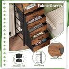 Furnulem 5 Drawers Dresser with Charging Station, Tall Night Stand with Storage Shelf, Fabric Chest of Drawers, Bedside Table for Closet, Entryway, Bedroom Furniture, 3 Ways to Use, Rustic Brown