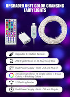 Minetom Upgraded Color Changing Fairy String Lights - 66 ft 200 LED 24 Colors USB Silver Wire Lights with Remote and Timer for DIY Bedroom Party Indoor Christmas Decoration, Adapter Included