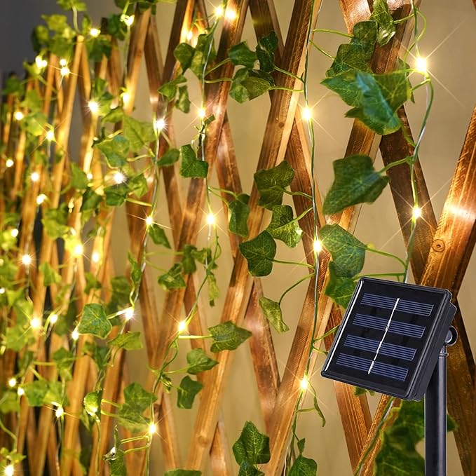 suddus Solar Fairy Lights with Vine, 33ft 100 Led Ivy Solar String Light Outdoor Waterproof, 8 Modes Leaf Lights for Balcony, Yard, Patio, Garden, Fence (Warm White)