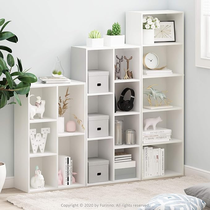 Furinno LUDER Book Shelf, 5-Cube Bookshelf, Reversible Bookcase, 9.4" x 19.5" x 31.5", for Living Room, Bedroom, Home Office, White