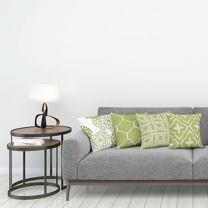 Ambesonne Vintage Throw Pillow Cushion Case Pack of 4, Monochrome Design Grid Trellis Quatrefoil Mesh and Dahlia Flowers Modern, Modern Accent Double-Sided Digital Printing, 24", Olive Green